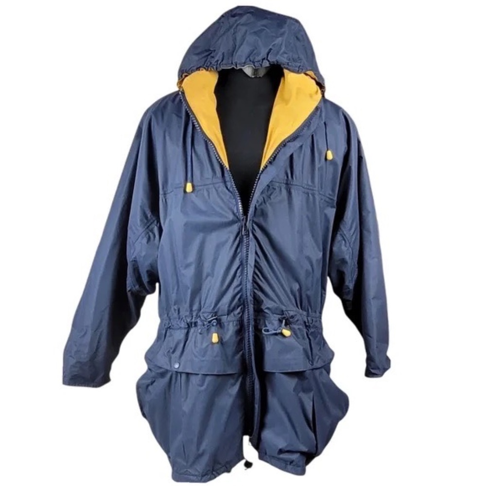AQUASCUTUM Windbreaker Jacket Hoodie Zip Up Drawstring Waist Sz L Blue & Yellow